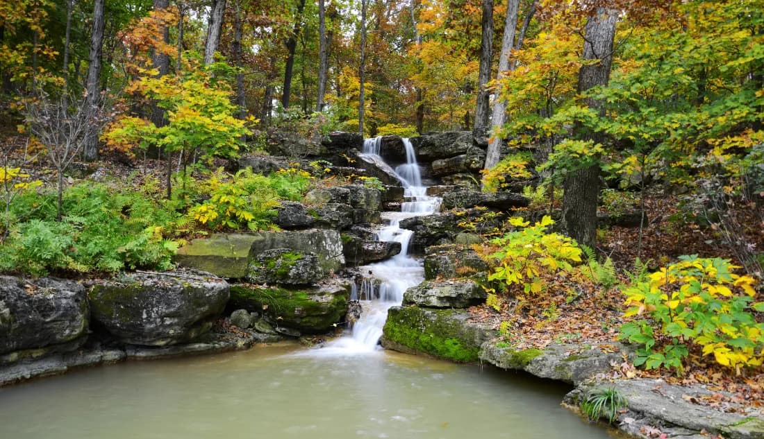 Small cascading waterfall flowing over moss-covered rocks surrounded by vibrant autumn trees and foliage in a peaceful forest setting.
